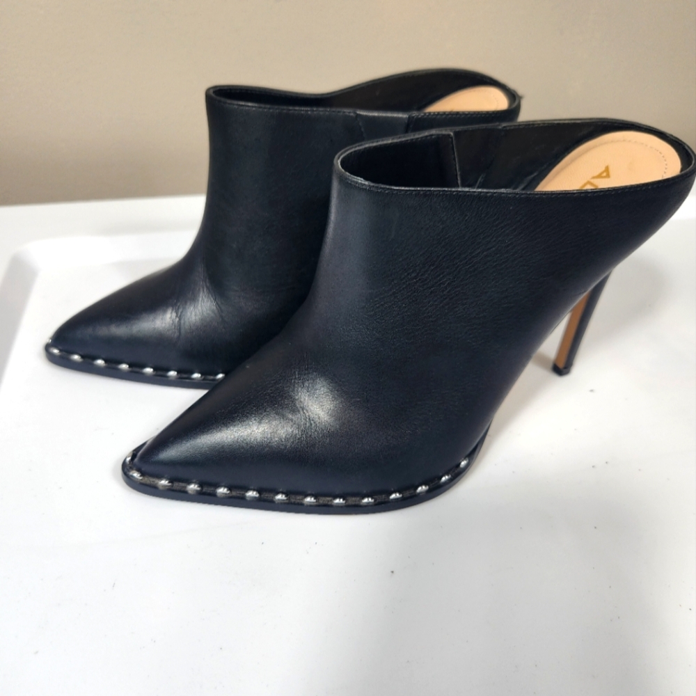 ALDO Black Leather Ankle Booties stiletto heel 3.5” W/Studded Pointed Toe Size 7